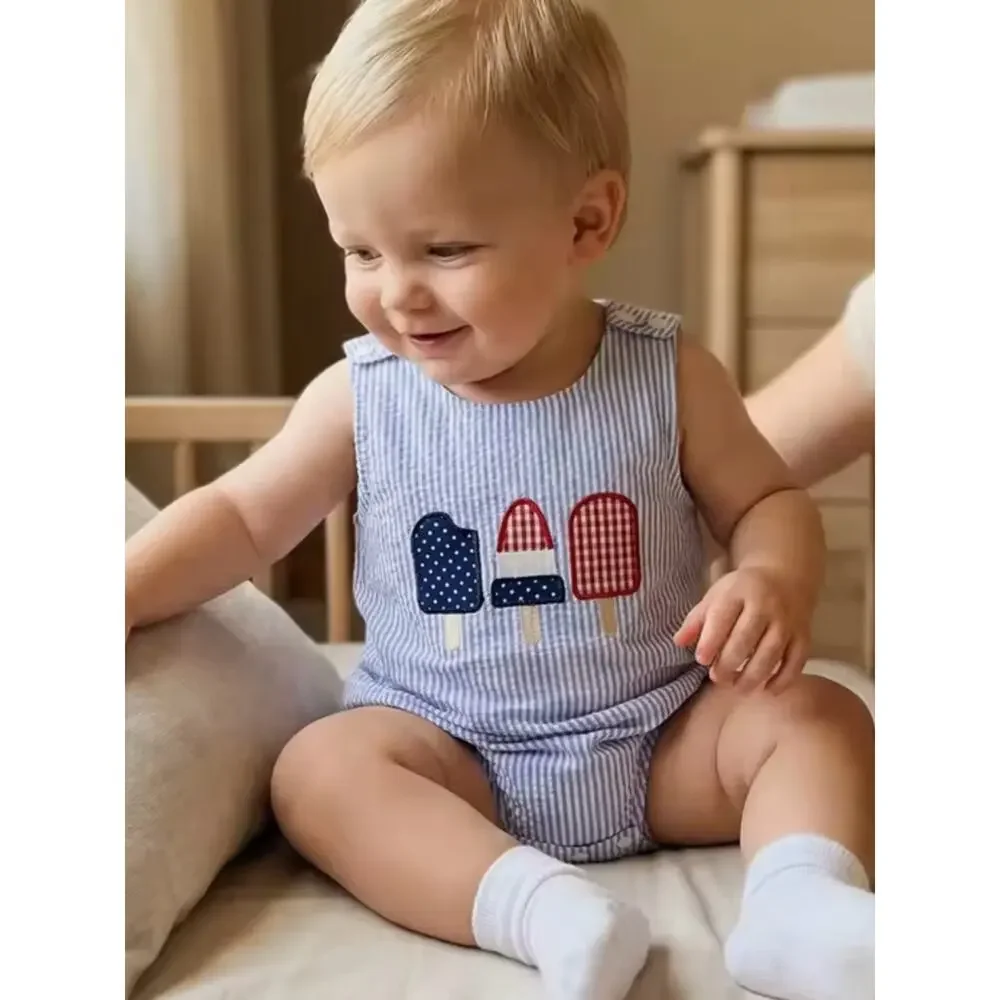 New baby Blue & White Striped Romper with Popsicle Appliqué 6-12 months